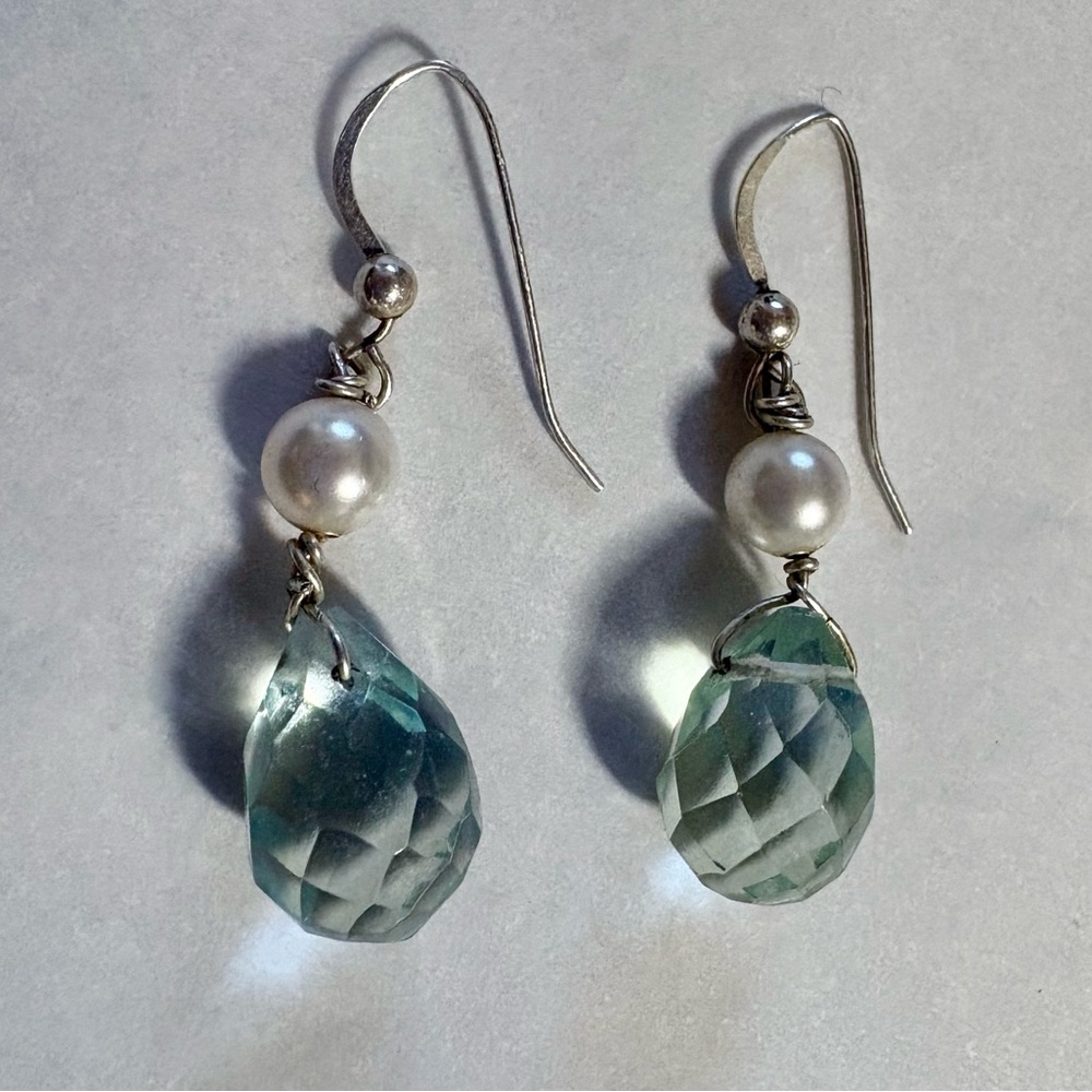 Genuine Aquamarine briolette cut, pearl sterling silver earrings